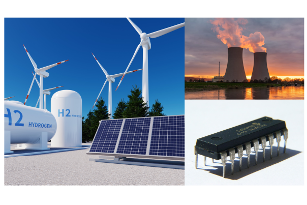 Réservoir à hydrogène, éoliennes, panneaux phtovoltaîques, centrale nucléaire et puc électronique