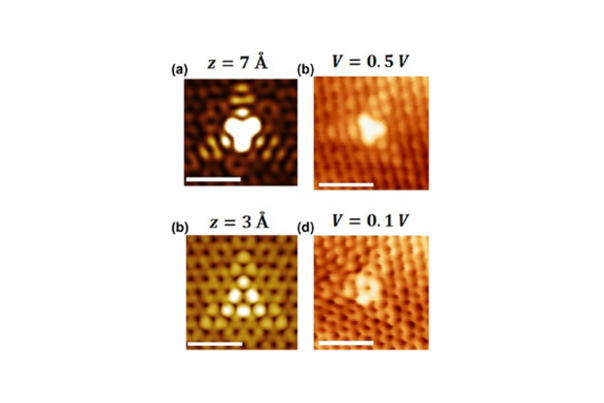 Images STM du graphene dopé à l’azote. Simulation ab initio (gauche) et expérience (droite) dans différente conditions (F. Joucken et al. Phys. Rev. Mat. 2019) 