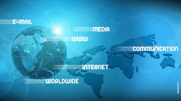 Vue du globe terrestre avec mots clef en rapport avec le numérique