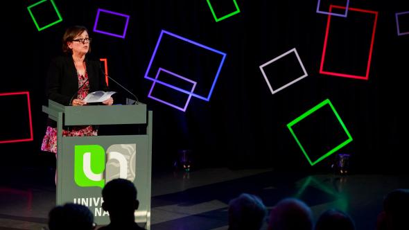 Annick Castiaux prononçant son discours à la rentrée académique 2023 à l'UNamur