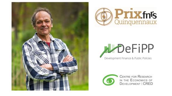 Photo de Jean-Marie Baland et logos FNRS prix quinquenal, Institut DeFiPP et centre de recherche CRED