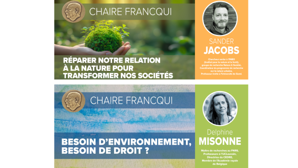 Affiches d'annonce des deux Chaires Francqui 2025-2026 à l'UNamur - Sander Jacobs (sciences) et Delphine Misonne (droit)