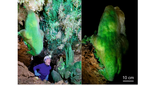 Spéléothèmes verts dans l’Aven du Mont Marcou (Hérault, France) © Stéphane Pire, Gaëtan Rochez (UNamur)