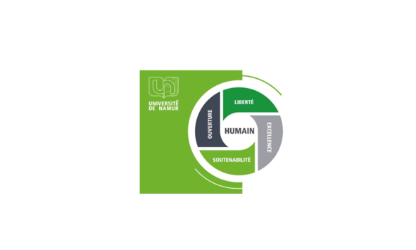 Les valeurs de l'Université de Namur dans un visuel avec l'humain au centre entouré d'excellence, de liberté, d'ouverture, de soutenabilité 