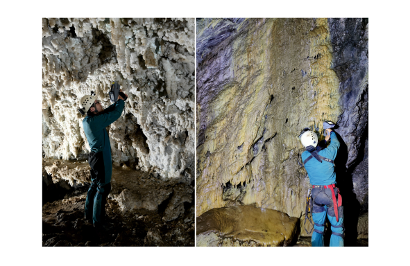 Analyse pXRF d’un coeur de stalactite bleu (gauche) et d’une coulée jaune (droite) dans la Grotte de la Cigalère © Stéphane Pire (UNamur)